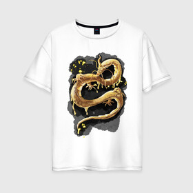 Женская футболка хлопок Oversize с принтом Золотой Дракон в Санкт-Петербурге, 100% хлопок | свободный крой, круглый ворот, спущенный рукав, длина до линии бедер
 | animal | art | dragon | print | арт | дракон | звери | принт | фон | япония