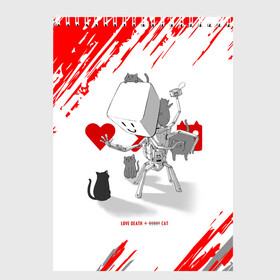 Скетчбук (блокнот) с принтом Love, Death and Cats | Любов, смерть и котики (Z) в Санкт-Петербурге, 100% бумага
 | 48 листов, плотность листов — 100 г/м2, плотность картонной обложки — 250 г/м2. Листы скреплены сверху удобной пружинной спиралью | Тематика изображения на принте: death | love | love death robots | netflix | robots | vedeathrobots | xbot 4000 | любовь | нетфликс | роботы | сериал | сериалы
