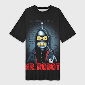 Платье-футболка 3D с принтом Bender x mr robot в Санкт-Петербурге,  |  | bender | futurama | mr robot | planet express | бендер | мистер робот | мульт | мультфильм | планетный экспресс | туранга лила | филипп джэй фрай | футурама