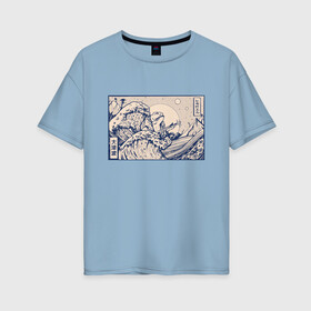 Женская футболка хлопок Oversize с принтом Японская лягушка Укиё-э в Санкт-Петербурге, 100% хлопок | свободный крой, круглый ворот, спущенный рукав, длина до линии бедер
 | Тематика изображения на принте: art | great wave | illustration | japan | japanese wave | kanji | storm | tentacle | toad | ukiyo e | wave | арт | большая волна | иероглифы | изобразительное искусство | иллюстрация | кандзи | картина | рисунок | шторм | щупальца | япония | 