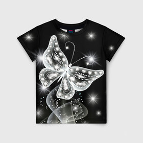 Детская футболка 3D с принтом Белая бабочка в Санкт-Петербурге, 100% гипоаллергенный полиэфир | прямой крой, круглый вырез горловины, длина до линии бедер, чуть спущенное плечо, ткань немного тянется | бабочка | блестки | блестящая бабочка | черно белое