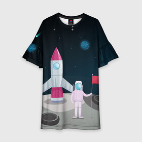Детское платье 3D с принтом Астронавт покоряет космос в Санкт-Петербурге, 100% полиэстер | прямой силуэт, чуть расширенный к низу. Круглая горловина, на рукавах — воланы | astronaut | moon | planets | rocket | shuttle | space | stars | звёзды | космонавт | космос | луна | планеты | ракета | шаттл