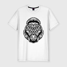 Мужская футболка хлопок Slim с принтом Злая Горилла в Санкт-Петербурге, 92% хлопок, 8% лайкра | приталенный силуэт, круглый вырез ворота, длина до линии бедра, короткий рукав | animal | beast | gorilla | monkey | горилла | животные | зверь | конг | обезьяна | природа | хищник