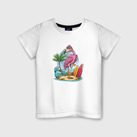 Детская футболка хлопок с принтом Фламинго на пляже в Санкт-Петербурге, 100% хлопок | круглый вырез горловины, полуприлегающий силуэт, длина до линии бедер | beach | palm | sea | summer | волны | жара | летние | лето | море | пальмы | пляж | серфинг | фламинго