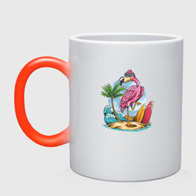 Кружка хамелеон с принтом Фламинго на пляже в Санкт-Петербурге, керамика | меняет цвет при нагревании, емкость 330 мл | beach | palm | sea | summer | волны | жара | летние | лето | море | пальмы | пляж | серфинг | фламинго