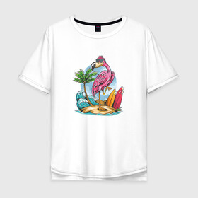 Мужская футболка хлопок Oversize с принтом Фламинго на пляже в Санкт-Петербурге, 100% хлопок | свободный крой, круглый ворот, “спинка” длиннее передней части | Тематика изображения на принте: beach | palm | sea | summer | волны | жара | летние | лето | море | пальмы | пляж | серфинг | фламинго