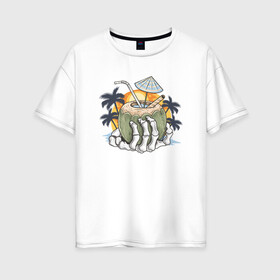 Женская футболка хлопок Oversize с принтом Тропический коктейль в Санкт-Петербурге, 100% хлопок | свободный крой, круглый ворот, спущенный рукав, длина до линии бедер
 | beach | palm | sea | summer | волны | жара | коктейль | летние | лето | море | пальмы | пляж | тропический
