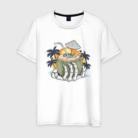 Мужская футболка хлопок с принтом Тропический коктейль в Санкт-Петербурге, 100% хлопок | прямой крой, круглый вырез горловины, длина до линии бедер, слегка спущенное плечо. | beach | palm | sea | summer | волны | жара | коктейль | летние | лето | море | пальмы | пляж | тропический