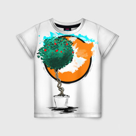 Детская футболка 3D с принтом Дерево (рисунок красками) в Санкт-Петербурге, 100% гипоаллергенный полиэфир | прямой крой, круглый вырез горловины, длина до линии бедер, чуть спущенное плечо, ткань немного тянется | Тематика изображения на принте: дерево | зеленый | зелень | искусство | краски | оранжевый | пейзаж | растение | рисунок | современный дизайн | современный стиль | солнце