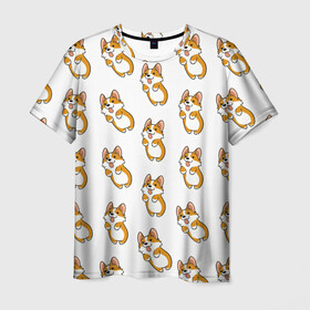 Мужская футболка 3D с принтом Собаки | Корги в Санкт-Петербурге, 100% полиэфир | прямой крой, круглый вырез горловины, длина до линии бедер | голубая | корги | косточки | пес | псина | собаки | собачки | щенки