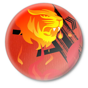 Значок с принтом Огненный лев в Санкт-Петербурге,  металл | круглая форма, металлическая застежка в виде булавки | Тематика изображения на принте: красный | лев | линии | огненный | огонь | пламя | рисунки