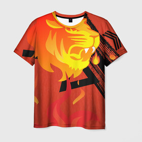 Мужская футболка 3D с принтом Огненный лев в Санкт-Петербурге, 100% полиэфир | прямой крой, круглый вырез горловины, длина до линии бедер | красный | лев | линии | огненный | огонь | пламя | рисунки