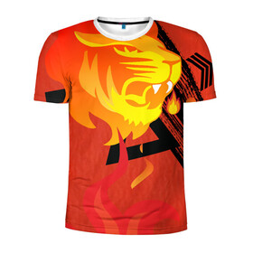Мужская футболка 3D спортивная с принтом Огненный лев в Санкт-Петербурге, 100% полиэстер с улучшенными характеристиками | приталенный силуэт, круглая горловина, широкие плечи, сужается к линии бедра | Тематика изображения на принте: красный | лев | линии | огненный | огонь | пламя | рисунки