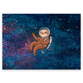 Поздравительная открытка с принтом Милый ленивец в космосе в Санкт-Петербурге, 100% бумага | плотность бумаги 280 г/м2, матовая, на обратной стороне линовка и место для марки
 | nasa | космонавт | космос | ленивец | метеориты | милый | наса