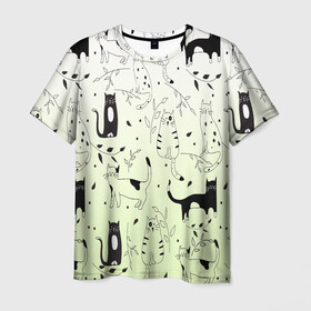 Мужская футболка 3D с принтом узор простые рисунки котов в Санкт-Петербурге, 100% полиэфир | прямой крой, круглый вырез горловины, длина до линии бедер | ветеринару | градиент | коты | котята | кошатнику | кошки | любителю кошек | мило | минимализм | мяу | примитив | рисованные котики | рисунок