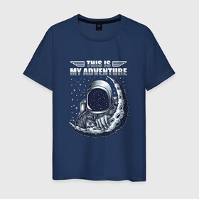 Мужская футболка хлопок с принтом Космонавт и луна в Санкт-Петербурге, 100% хлопок | прямой крой, круглый вырез горловины, длина до линии бедер, слегка спущенное плечо. | adventure | cosmonaut | cosmos | moon | space | астронавт | звезды | космонавт | космос | луна