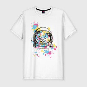 Мужская футболка хлопок Slim с принтом Космокот в Санкт-Петербурге, 92% хлопок, 8% лайкра | приталенный силуэт, круглый вырез ворота, длина до линии бедра, короткий рукав | астронавт | вселенная | кляксы | космонавт | космонавтика | космос | краска | полёт | разноцветный | скафандр | шлем