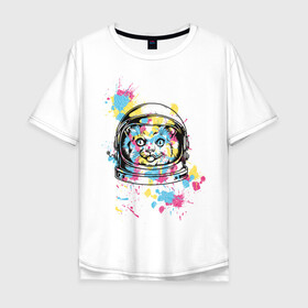 Мужская футболка хлопок Oversize с принтом Космокот в Санкт-Петербурге, 100% хлопок | свободный крой, круглый ворот, “спинка” длиннее передней части | астронавт | вселенная | кляксы | космонавт | космонавтика | космос | краска | полёт | разноцветный | скафандр | шлем