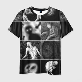 Мужская футболка 3D с принтом Мрачные скетчи Плитка в Санкт-Петербурге, 100% полиэфир | прямой крой, круглый вырез горловины, длина до линии бедер | halloween | sketches | мрачное | рисунки | скетчи | страшное | ужасы | человечки