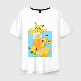 Мужская футболка хлопок Oversize с принтом Пикачу в лимонаде в Санкт-Петербурге, 100% хлопок | свободный крой, круглый ворот, “спинка” длиннее передней части | anime | picachu | pikachu | аниме | красная шапочка | милый | пика | пикачу | покебол | покемон