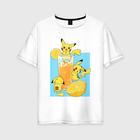 Женская футболка хлопок Oversize с принтом Пикачу в лимонаде в Санкт-Петербурге, 100% хлопок | свободный крой, круглый ворот, спущенный рукав, длина до линии бедер
 | anime | picachu | pikachu | аниме | красная шапочка | милый | пика | пикачу | покебол | покемон