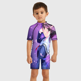 Детский купальный костюм 3D с принтом Морячка в Санкт-Петербурге, Полиэстер 85%, Спандекс 15% | застежка на молнии на спине | аниме | морская форма | сердца | фиолетовый фон