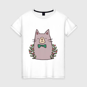Женская футболка хлопок с принтом торжественный кот в Санкт-Петербурге, 100% хлопок | прямой крой, круглый вырез горловины, длина до линии бедер, слегка спущенное плечо | акварель | бабочка | бантик | галстук | животные | звери | кот | котейка | рисунок | торжественный