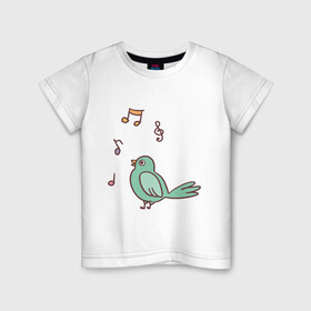 Детская футболка хлопок с принтом птичка зеленая поет в Санкт-Петербурге, 100% хлопок | круглый вырез горловины, полуприлегающий силуэт, длина до линии бедер | Тематика изображения на принте: весна | зеленый птенчик | мелодия | музыка | ноты | оратор | певец | певица | пение | песня | птенец | птица | птичка | птичужка | радость | рисунок | чив | чирик