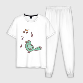 Мужская пижама хлопок с принтом птичка зеленая поет в Санкт-Петербурге, 100% хлопок | брюки и футболка прямого кроя, без карманов, на брюках мягкая резинка на поясе и по низу штанин
 | весна | зеленый птенчик | мелодия | музыка | ноты | оратор | певец | певица | пение | песня | птенец | птица | птичка | птичужка | радость | рисунок | чив | чирик