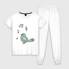 Женская пижама хлопок с принтом птичка зеленая поет в Санкт-Петербурге, 100% хлопок | брюки и футболка прямого кроя, без карманов, на брюках мягкая резинка на поясе и по низу штанин | весна | зеленый птенчик | мелодия | музыка | ноты | оратор | певец | певица | пение | песня | птенец | птица | птичка | птичужка | радость | рисунок | чив | чирик