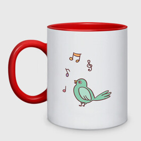 Кружка двухцветная с принтом птичка зеленая поет в Санкт-Петербурге, керамика | объем — 330 мл, диаметр — 80 мм. Цветная ручка и кайма сверху, в некоторых цветах — вся внутренняя часть | весна | зеленый птенчик | мелодия | музыка | ноты | оратор | певец | певица | пение | песня | птенец | птица | птичка | птичужка | радость | рисунок | чив | чирик