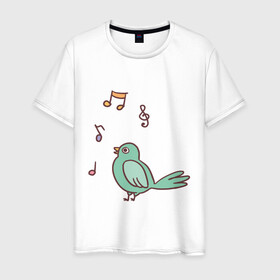 Мужская футболка хлопок с принтом птичка зеленая поет в Санкт-Петербурге, 100% хлопок | прямой крой, круглый вырез горловины, длина до линии бедер, слегка спущенное плечо. | весна | зеленый птенчик | мелодия | музыка | ноты | оратор | певец | певица | пение | песня | птенец | птица | птичка | птичужка | радость | рисунок | чив | чирик