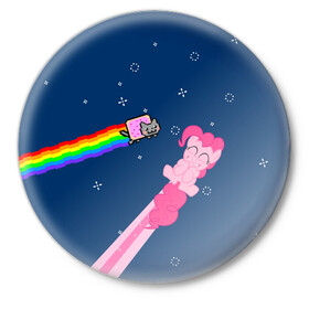 Значок с принтом Nyan cat x Pony в Санкт-Петербурге,  металл | круглая форма, металлическая застежка в виде булавки | Тематика изображения на принте: my little pony | nyan cat | дружба это чудо | единорог | единороги | май литл пони | мульт | мультфильм | нян кэт