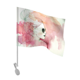 Флаг для автомобиля с принтом Девушка в Санкт-Петербурге, 100% полиэстер | Размер: 30*21 см | в очках | девушка | рисунок акварелью | розовая акварель