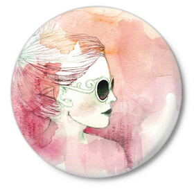 Значок с принтом Девушка в Санкт-Петербурге,  металл | круглая форма, металлическая застежка в виде булавки | в очках | девушка | рисунок акварелью | розовая акварель