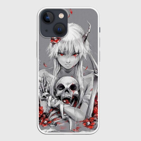 Чехол для iPhone 13 mini с принтом Девушка с черепом в Санкт-Петербурге,  |  | девушка | демон | кости | красные цветы | с рогами | череп