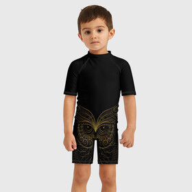 Детский купальный костюм 3D с принтом Золотая сова в Санкт-Петербурге, Полиэстер 85%, Спандекс 15% | застежка на молнии на спине | Тематика изображения на принте: вензеля | золотая сова | сова | узор | филин