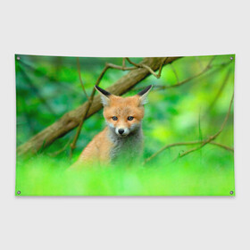 Флаг-баннер с принтом Лисенок в зеленом лесу в Санкт-Петербурге, 100% полиэстер | размер 67 х 109 см, плотность ткани — 95 г/м2; по краям флага есть четыре люверса для крепления | fox | foxy | животное | звери | лиса | лисенок | лисичка | милая | рыжая | фокс