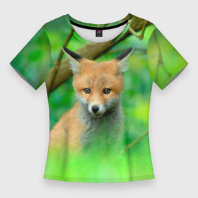 Женская футболка 3D Slim с принтом Лисенок в зеленом лесу в Санкт-Петербурге,  |  | fox | foxy | животное | звери | лиса | лисенок | лисичка | милая | рыжая | фокс