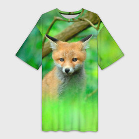 Платье-футболка 3D с принтом Лисенок в зеленом лесу в Санкт-Петербурге,  |  | fox | foxy | животное | звери | лиса | лисенок | лисичка | милая | рыжая | фокс