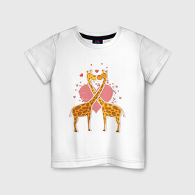 Детская футболка хлопок с принтом влюблённые жирафики в Санкт-Петербурге, 100% хлопок | круглый вырез горловины, полуприлегающий силуэт, длина до линии бедер | Тематика изображения на принте: влюбленные | животные | жирафики | жирафы | звери | любовь | мило | сердце | симпатия | чувства