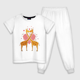 Детская пижама хлопок с принтом влюблённые жирафики в Санкт-Петербурге, 100% хлопок |  брюки и футболка прямого кроя, без карманов, на брюках мягкая резинка на поясе и по низу штанин
 | Тематика изображения на принте: влюбленные | животные | жирафики | жирафы | звери | любовь | мило | сердце | симпатия | чувства