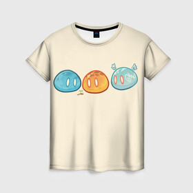 Женская футболка 3D с принтом Genshin impact Slime trio №1 в Санкт-Петербурге, 100% полиэфир ( синтетическое хлопкоподобное полотно) | прямой крой, круглый вырез горловины, длина до линии бедер | colorful | cute | genshin impact | slime | геншин | геншин импакт | милота