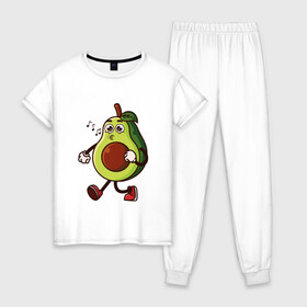 Женская пижама хлопок с принтом Авокадо поет в Санкт-Петербурге, 100% хлопок | брюки и футболка прямого кроя, без карманов, на брюках мягкая резинка на поясе и по низу штанин | avocado | cute | fruit | авокадо | милый | музыка | фрукт