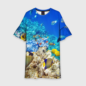 Детское платье 3D с принтом Морской мир в Санкт-Петербурге, 100% полиэстер | прямой силуэт, чуть расширенный к низу. Круглая горловина, на рукавах — воланы | вода | море | морская вода | морские животные | морские жители | морской мир | океан | рыбки | рыбы