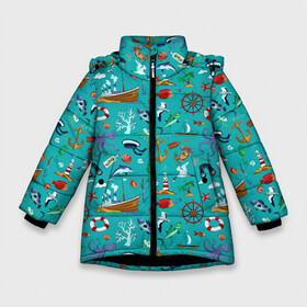 Зимняя куртка для девочек 3D с принтом Морские обитатели в Санкт-Петербурге, ткань верха — 100% полиэстер; подклад — 100% полиэстер, утеплитель — 100% полиэстер. | длина ниже бедра, удлиненная спинка, воротник стойка и отстегивающийся капюшон. Есть боковые карманы с листочкой на кнопках, утяжки по низу изделия и внутренний карман на молнии. 

Предусмотрены светоотражающий принт на спинке, радужный светоотражающий элемент на пуллере молнии и на резинке для утяжки. | Тематика изображения на принте: корабль | море | морские обитатели | осьминоги | пальмы | паттерны | рыбы | чайки | якорь | яхты