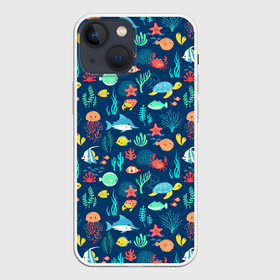 Чехол для iPhone 13 mini с принтом Морские жители в Санкт-Петербурге,  |  | водоросли | звезды | кораллы | крабы | медузы | море | паттерны | рыбы | черепахи