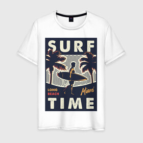 Мужская футболка хлопок с принтом Surf time в Санкт-Петербурге, 100% хлопок | прямой крой, круглый вырез горловины, длина до линии бедер, слегка спущенное плечо. | miami | surf | лето | майами | пальма | серфинг