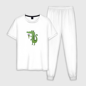 Мужская пижама хлопок с принтом Крокодильчик с мороженным в Санкт-Петербурге, 100% хлопок | брюки и футболка прямого кроя, без карманов, на брюках мягкая резинка на поясе и по низу штанин
 | детский | крокодил | крокодильчик | лето | мультфильм | персонаж