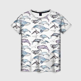 Женская футболка 3D с принтом киты паттерн в Санкт-Петербурге, 100% полиэфир ( синтетическое хлопкоподобное полотно) | прямой крой, круглый вырез горловины, длина до линии бедер | ocean | sea | sea animal | акварель | графика | касатка | киты | море | океан | рисунок кита